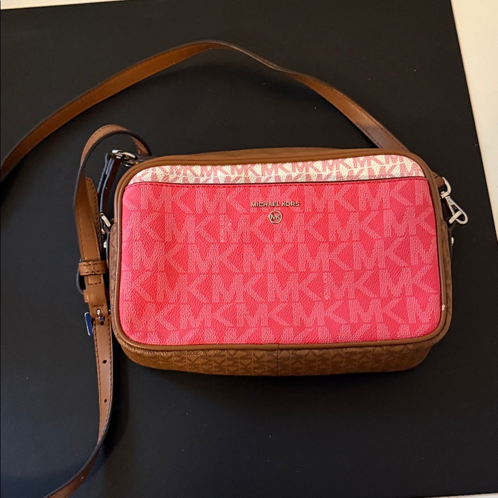 Michael Kors Vibrant Pink and Tan Crossbody Bag